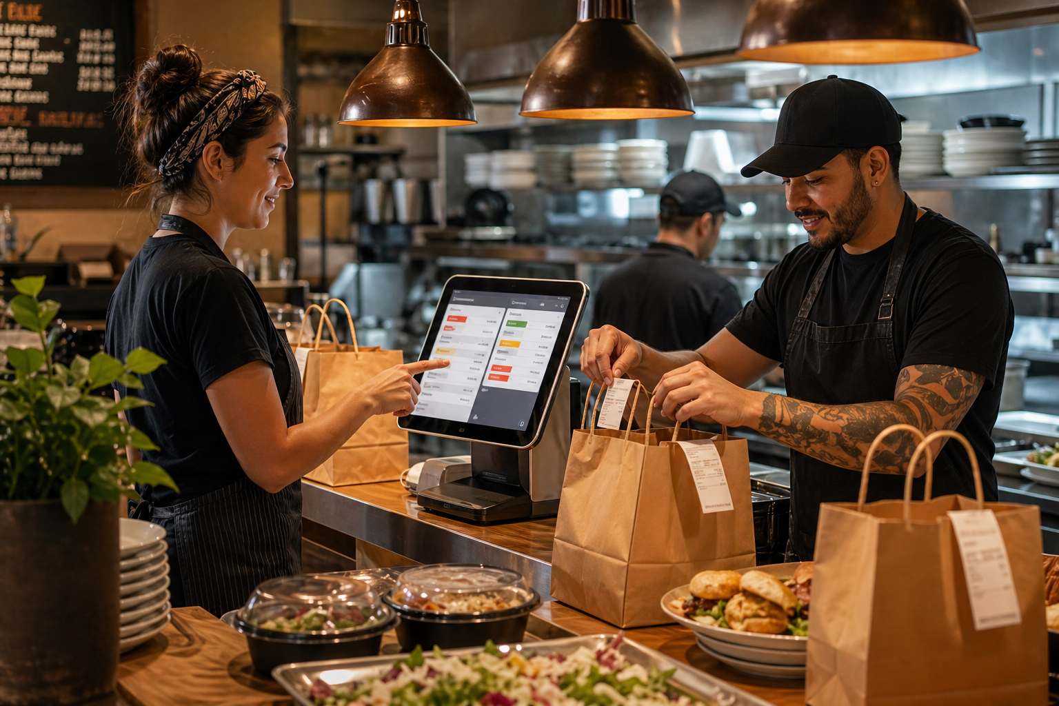 Restaurant staff managing direct pickup and delivery orders