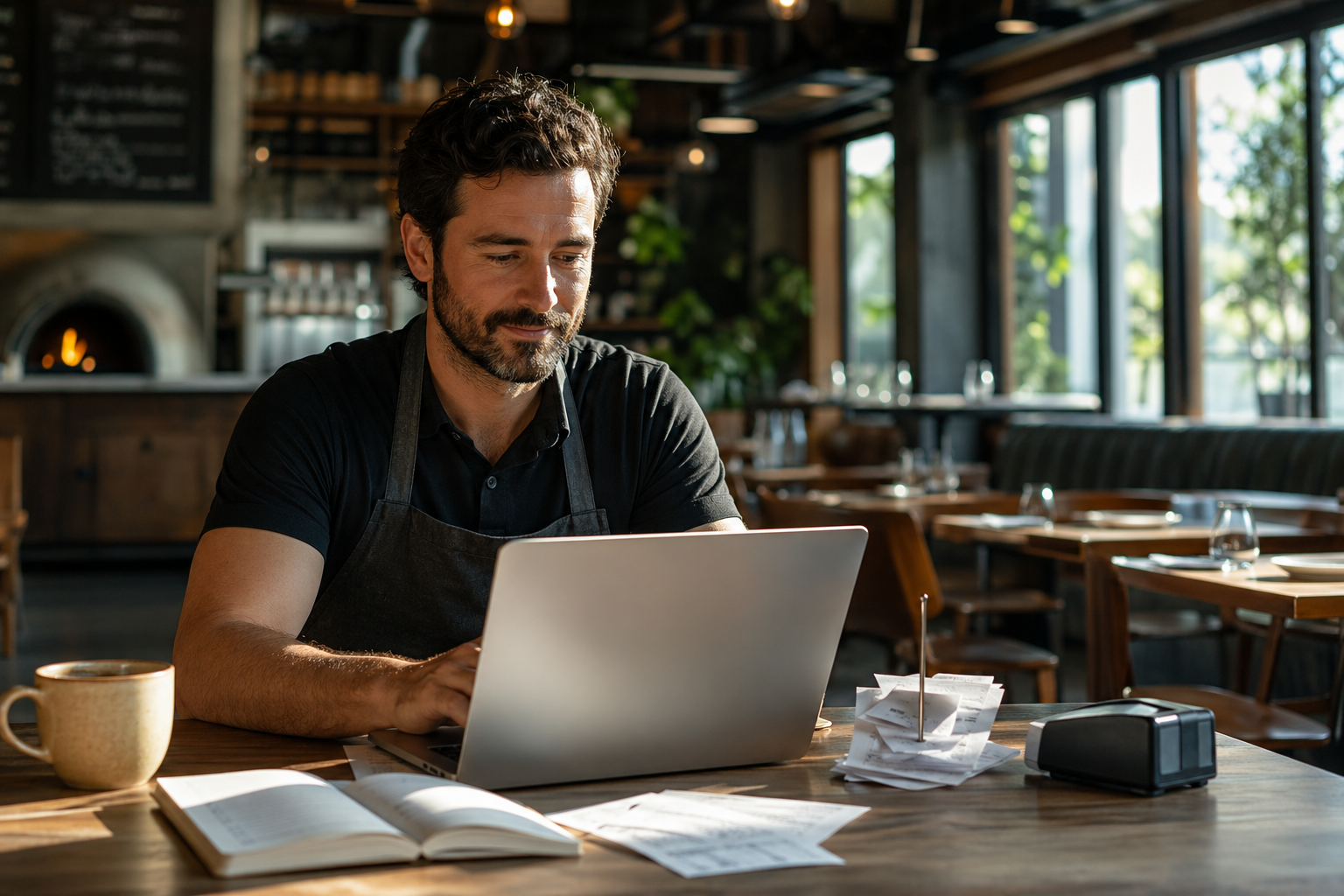 Restaurant operator managing direct online orders on a laptop