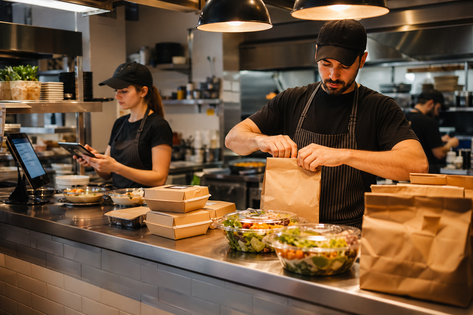 Kitchen team preparing pickup and delivery orders