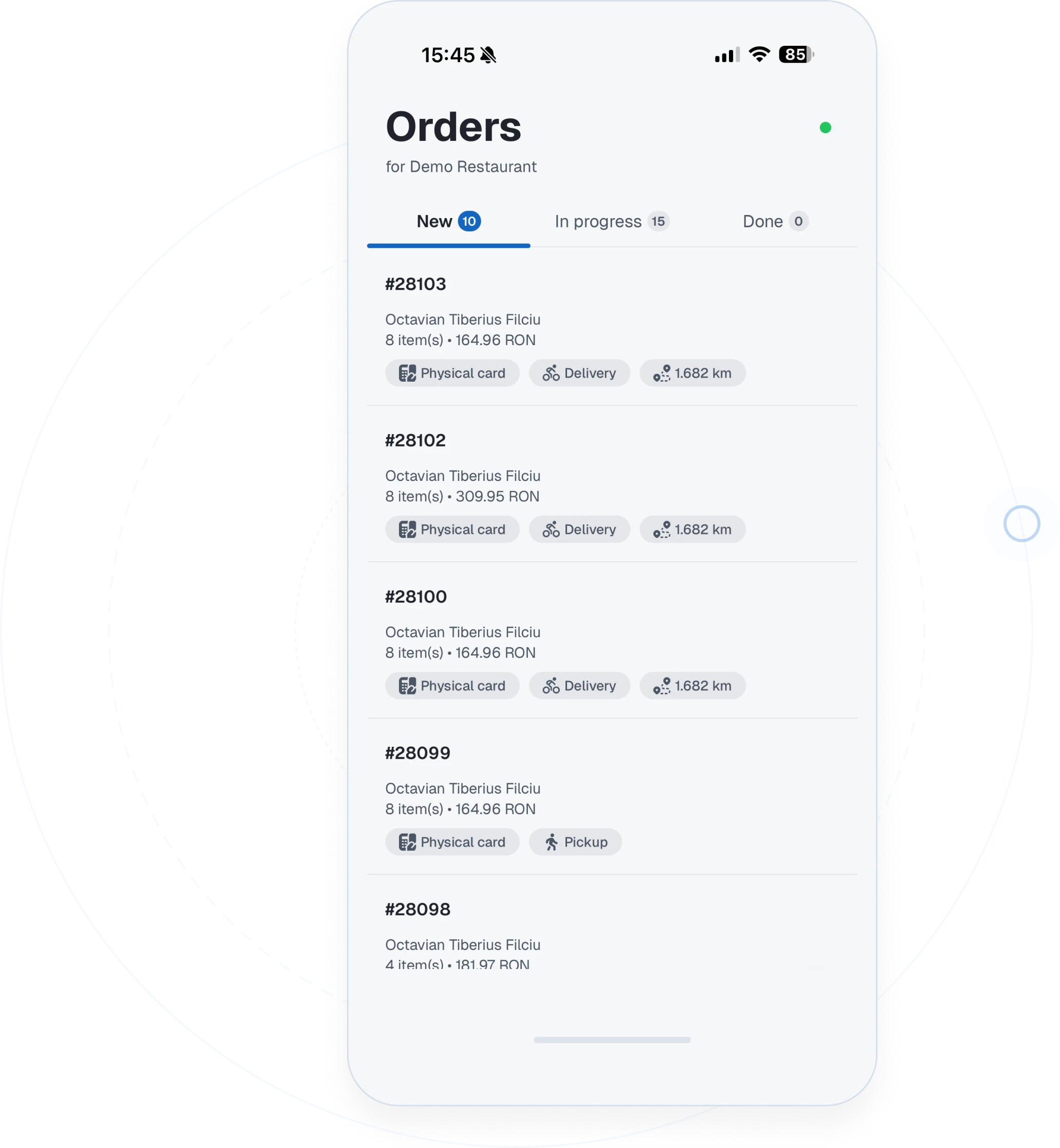 Restaurant ordering mobile app showing incoming orders